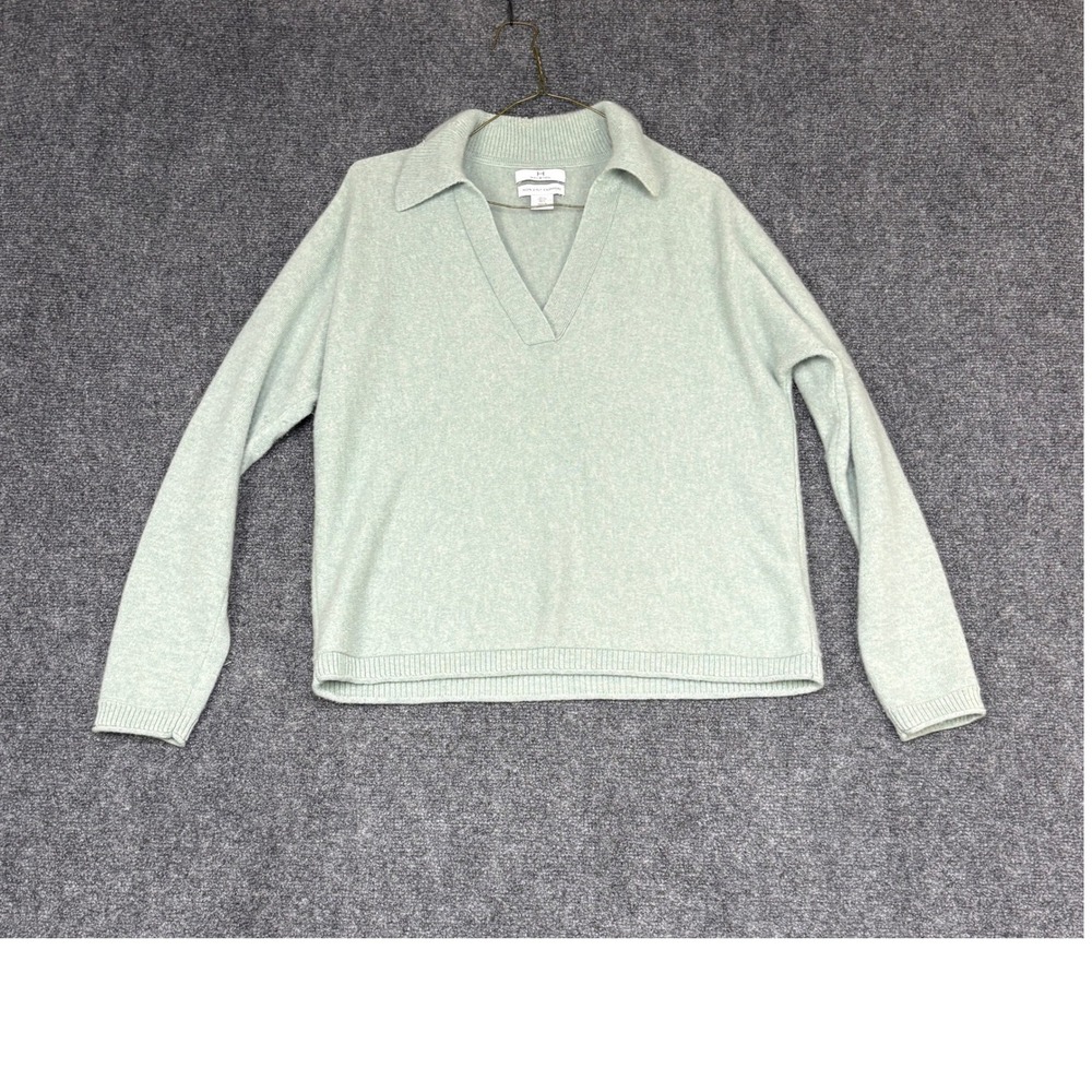 Halston Cashmere Sweater Womens L Mint Green Polo V-Neck 2-Ply Knit Luxury